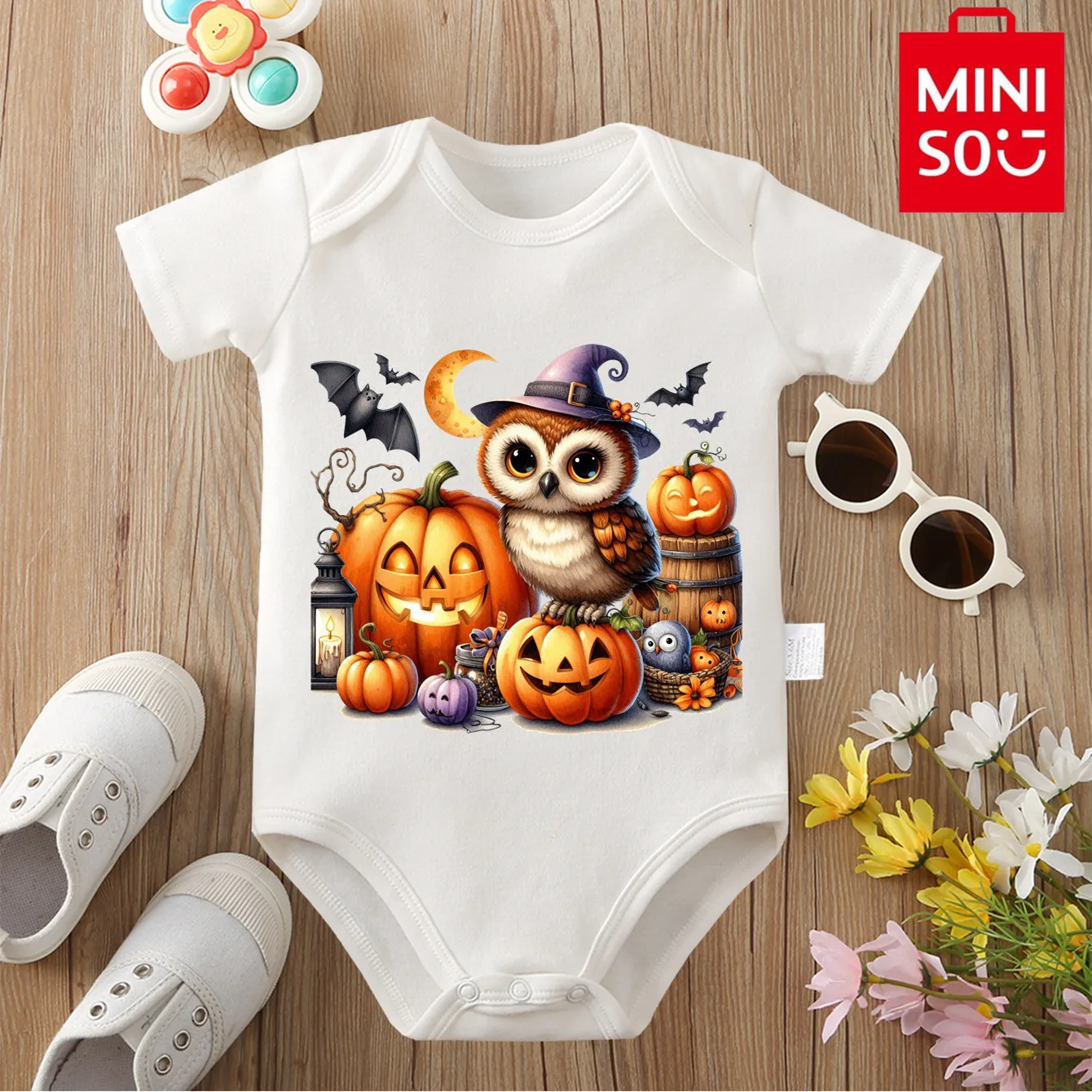 MINISO ارتداءها بلدي أول هالوين البومة اليقطين طباعة ملابس قطنية نقية للطفل نيسيي بذلة لحديثي الولادة 0 إلى 12 شهرا