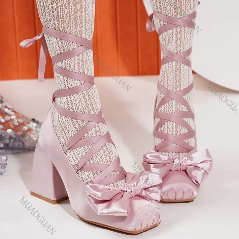 Süße Cross Strap Ballett Stil High Heels Frauen Frühling Herbst Frauen Schuhe Elegante Karree Satin Lolita Pumpen Einzelnen Schuhe