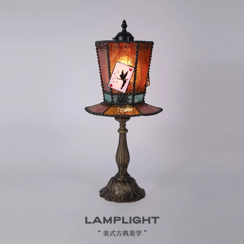 

American Carving Wrought Iron Base LED Table Lamps Hat Colorful Glass Lampshade Living Room Bedroom Restaurant Study Desk Lights