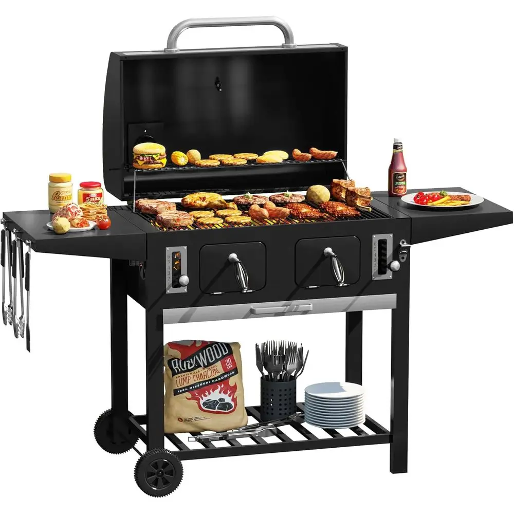 

Portable Outdoor BBQ Grill with Adjustable Charcoal Racks and Folding Side Shelves