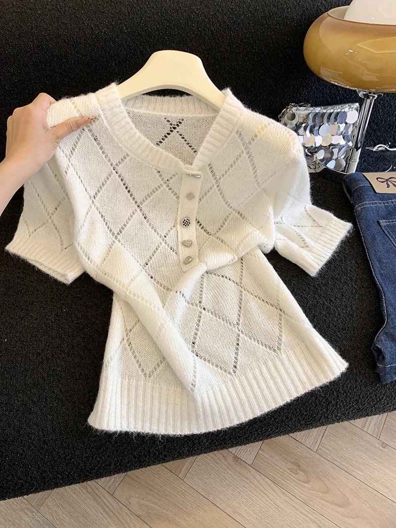 Women's Diamond-patterned Hollow-out Knitted Short-sleeved T-shirt, 2026 New Style, Elegant d Versatile, Slim-fitting Short Top