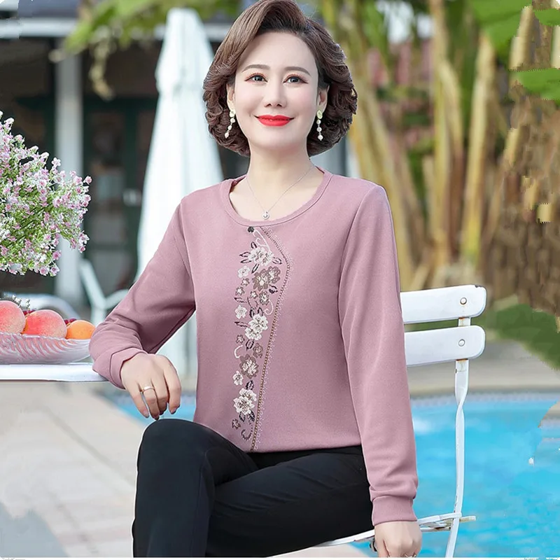 UHYTGF 2022 Spring Autumn T-Shirt Women Long-Sleeved O Neck Casual Top Female Fashion Thin Blouse Elegant Mother Clothes 5XL1696