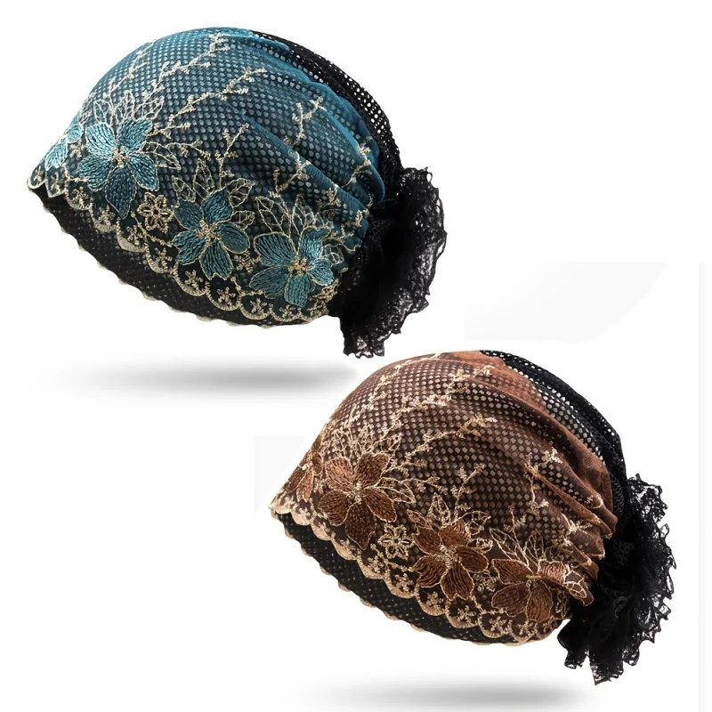 

2pcs/1pc Elegant Lace Hollow Floral Headscarf Shiny Thread Hair Care Hat Soft Home Head Cover Breathable Night Wrap