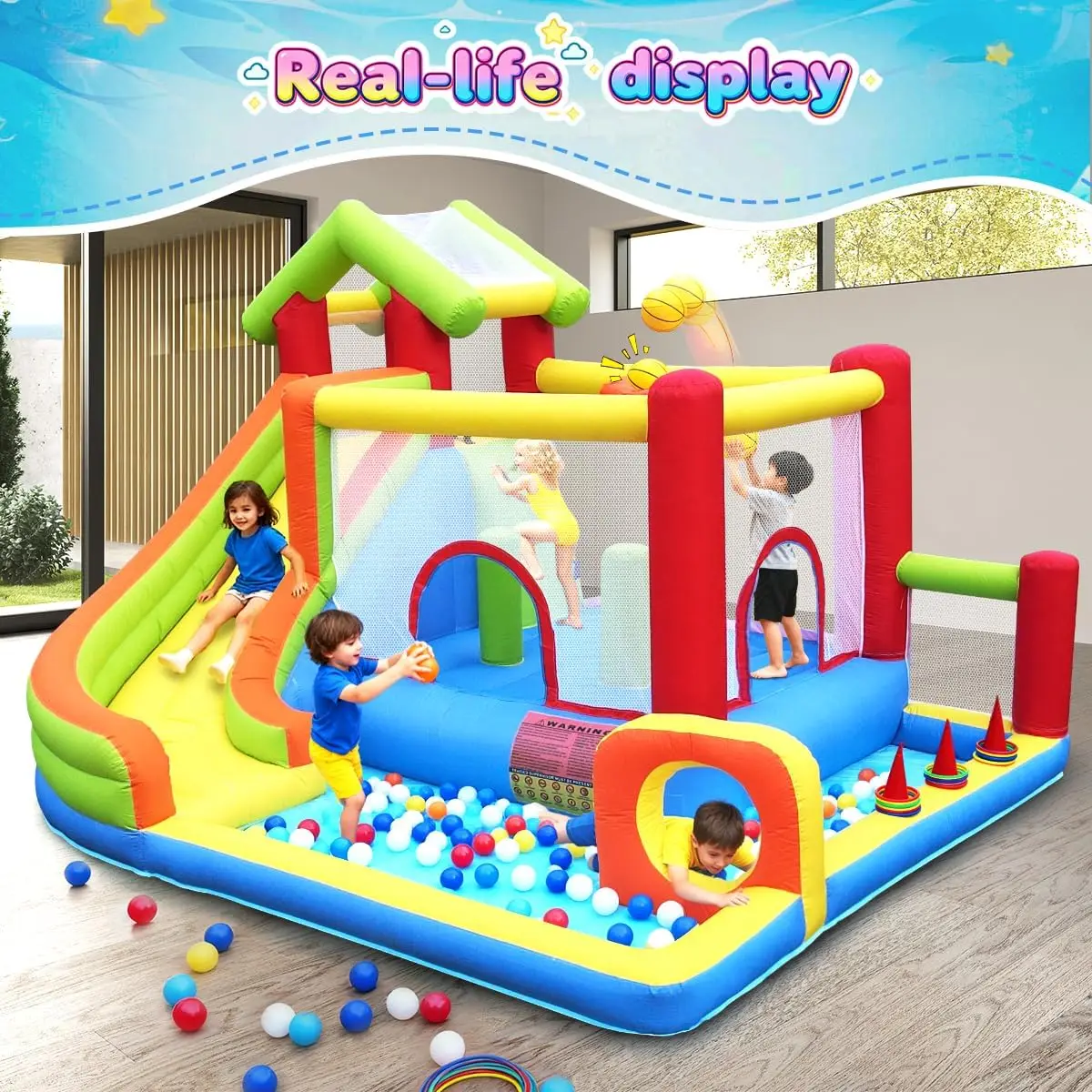 미끄럼틀이 있는 바운스 하우스 7-in-1 어린이용 인플레이터블 놀이터 3-10세 대형 점프 구역, 볼 풀, 상업용 블로워 포함