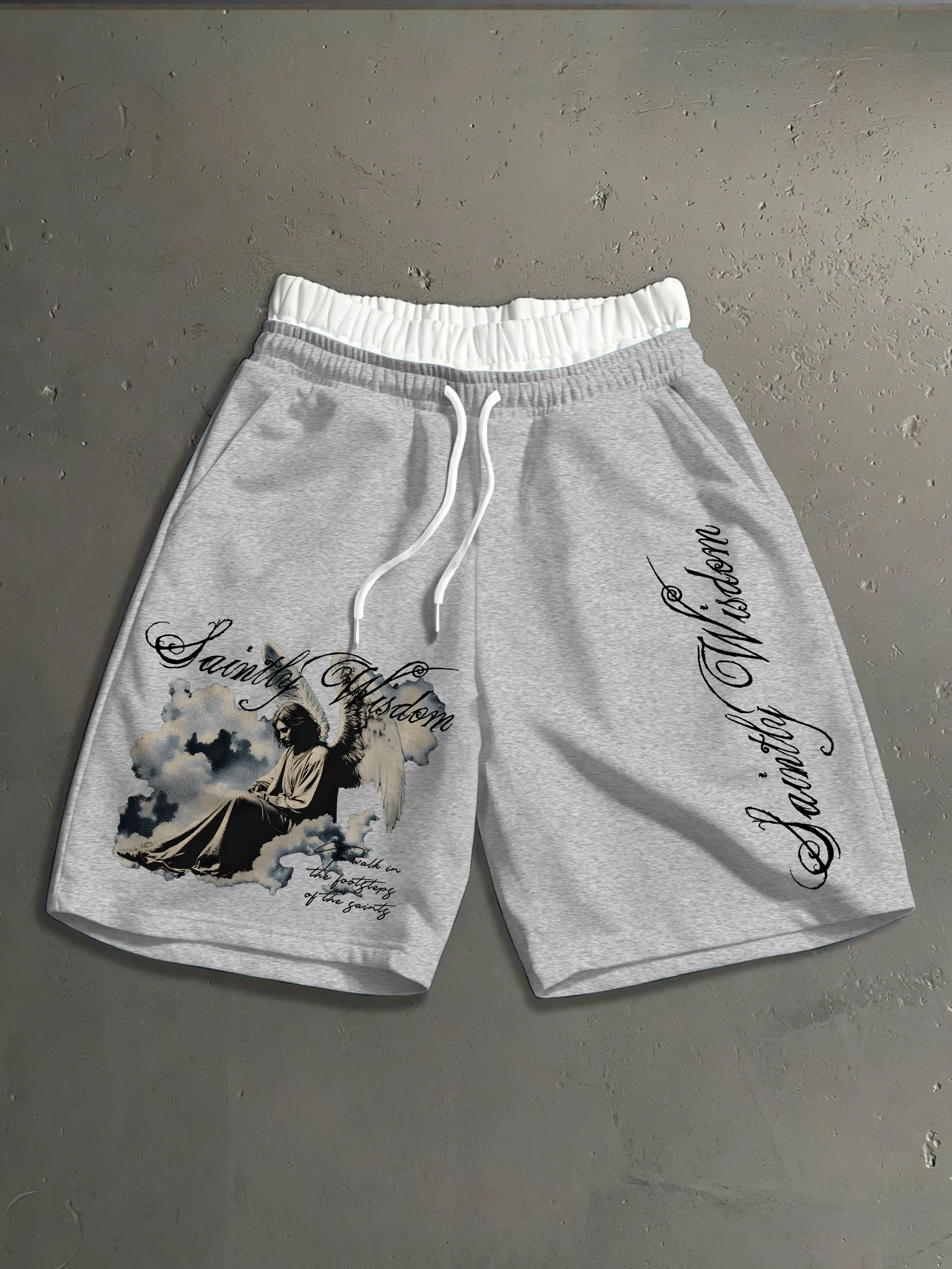 Men's Streetwear Shorts Saintly Wisdom Angel Fake Two-piece Waist Print Polyester Drawstring Casual Shorts S-2XL All Size 1Pc