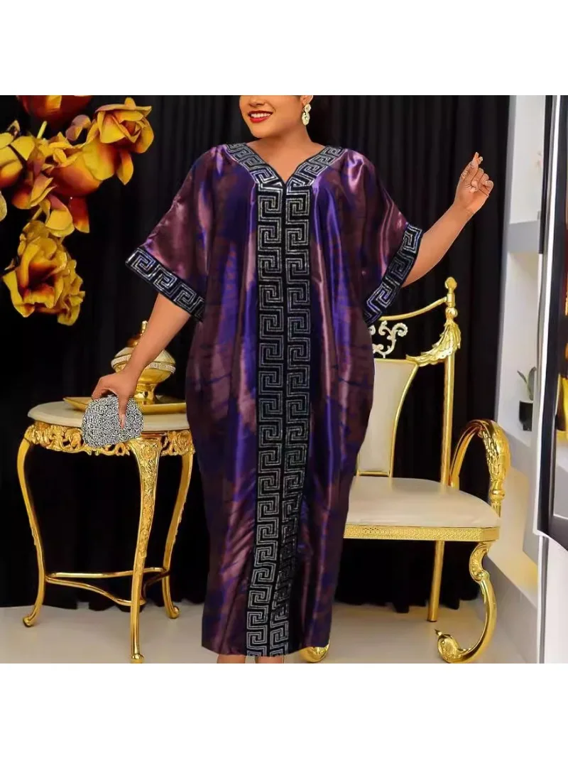 

Leopard Print Round Neck Decoration Half Sleeved Straight Tube Loose Shiny Long Skirt