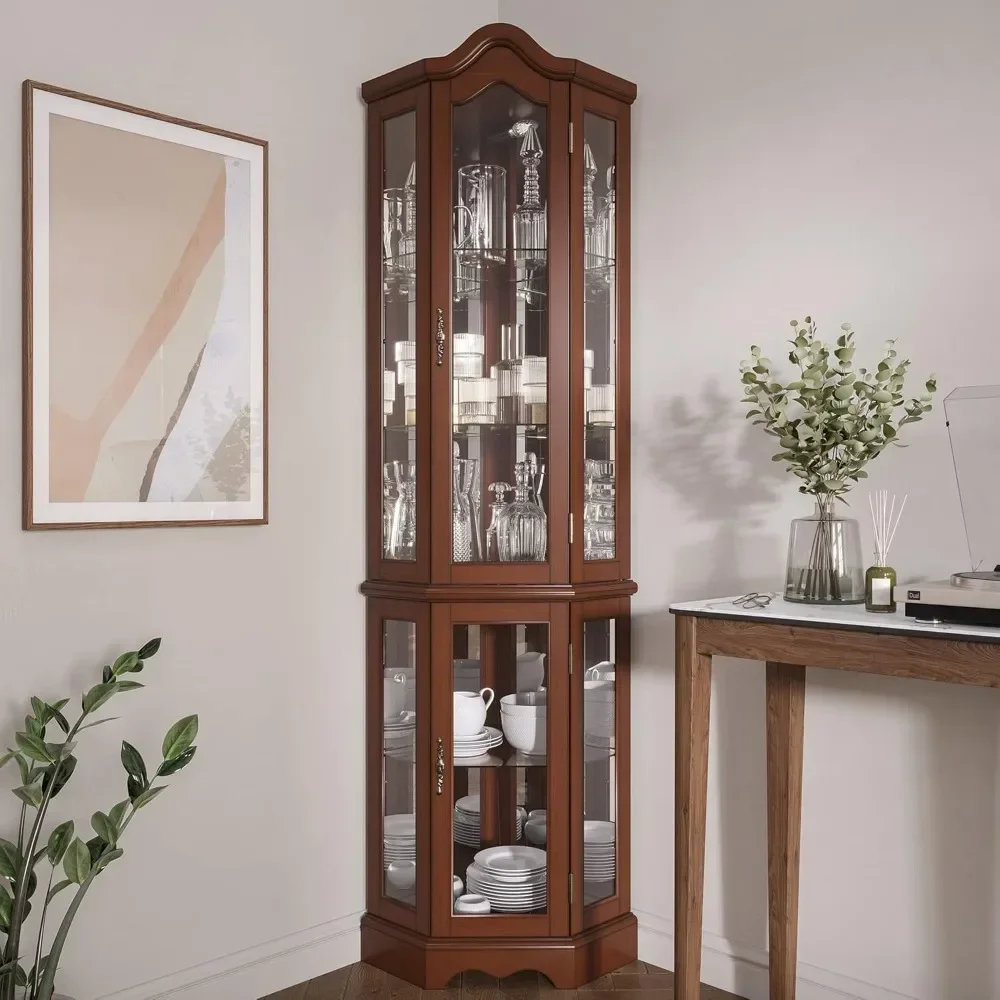 Glass Display Curio Cabinet w/Tempered Glass Doors and Shelves, Curved Wood Corner Cabinet with Bulb, Corner Storage Rack