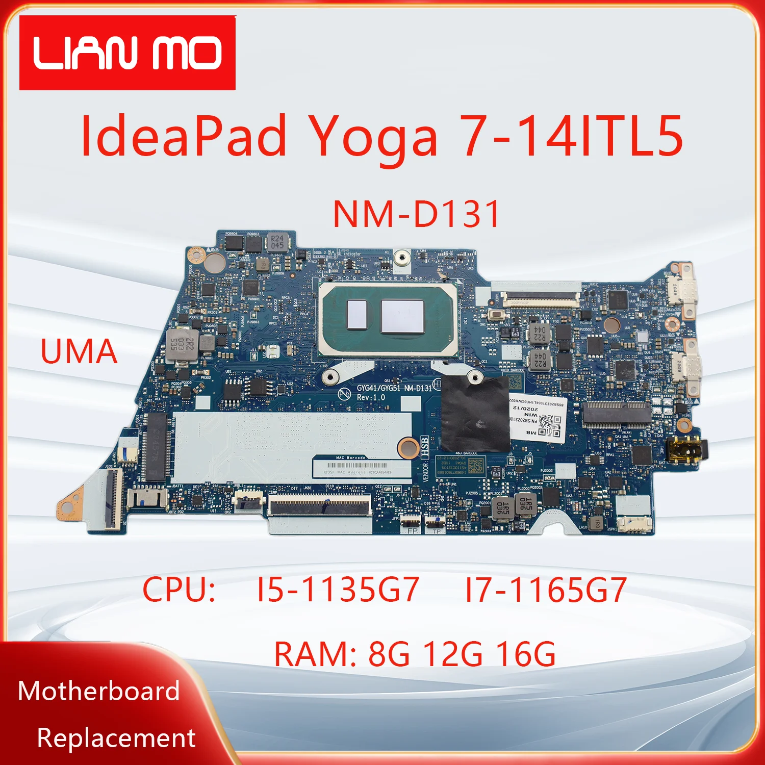 NM-D131 For Lenovo IdeaPad Yoga 7-14ITL5 Laptop Motherboard with CPU:I5 I7 UMA 8G 12G 16G 5B20Z31004 Notebook Mainboard