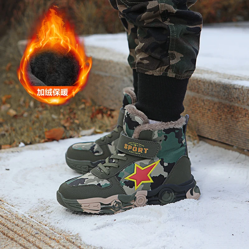 

Зимние зимние ботинки для детей, трендовые модные плюшевые камуфляжные кроссовки 2025 года, толстые теплые подростковые ботинки из искусственного меха для детей