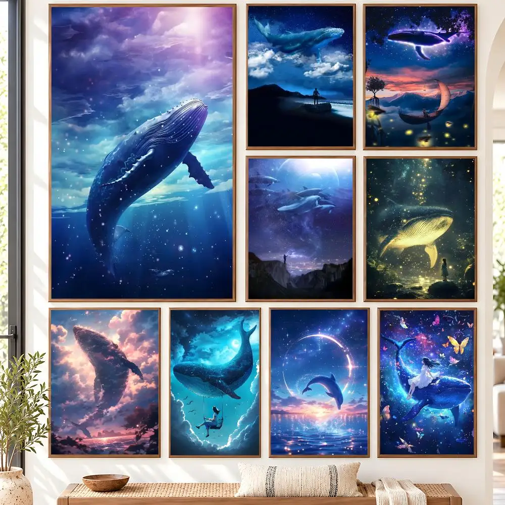 Dreamy Whale Magical Serene Night Surreal Surrounded By Stars Poster Self Adhesive Matte Wall Art Removable Home Room Decoration