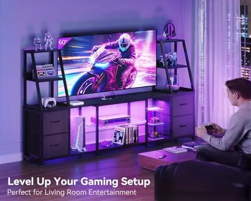 LED TV Stand for 50–65 Inch TVs with Power Outlets & RGB Ligths, Gaming Entertainment Center with 4 Drawers & Storage