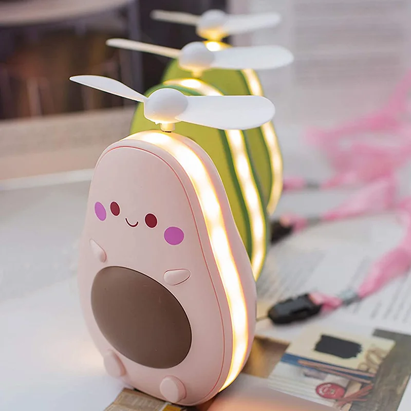 มินิ LED กระจกแต่งหน้าและพัดลม2 in 1แบบบูรณาการน่ารักรูปอะโวคาโดใช้งานได้จริงชาร์จ USB พัดลมแบบมือถือสีเขียว