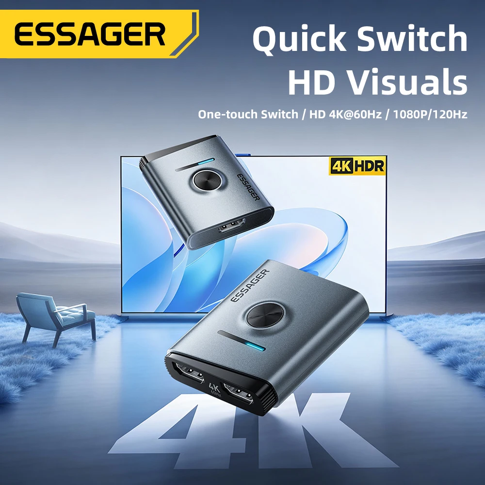 Essager Bi‑Directional HDMI‑Compatible Switcher 2 in 1 Out 4K@60Hz HDMI-compatible Adapter For PC PS5  TV Box Monitor Projector