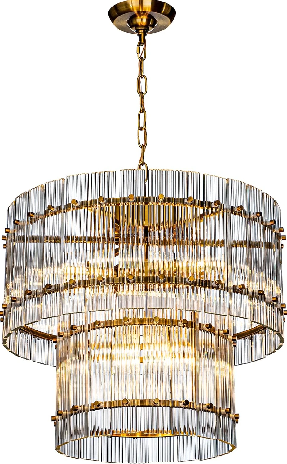 

Two-Tiered Handmade Glass Shade Chandelier Classic Lighting Fixture Doule Layer Glass Drum Pendant Lighting for Living Room