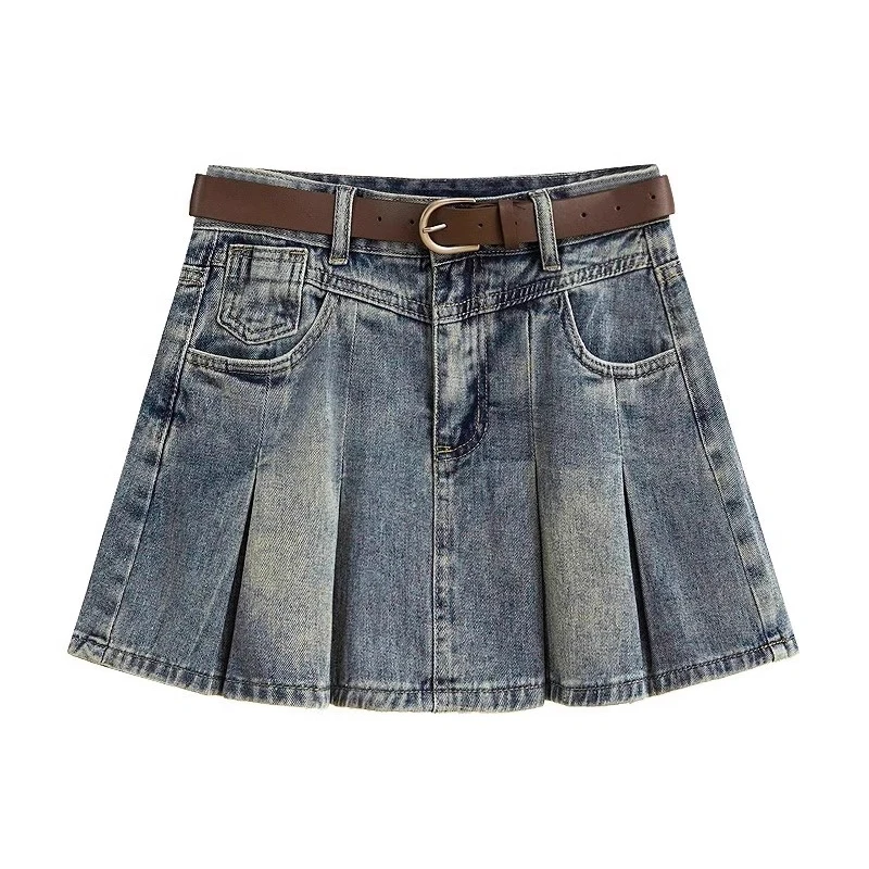 Spicy Girl Retro Denim Mini Skirt High Waist Pleated Short Skirt Vintage Casual Summer Women's A-Line Skirts