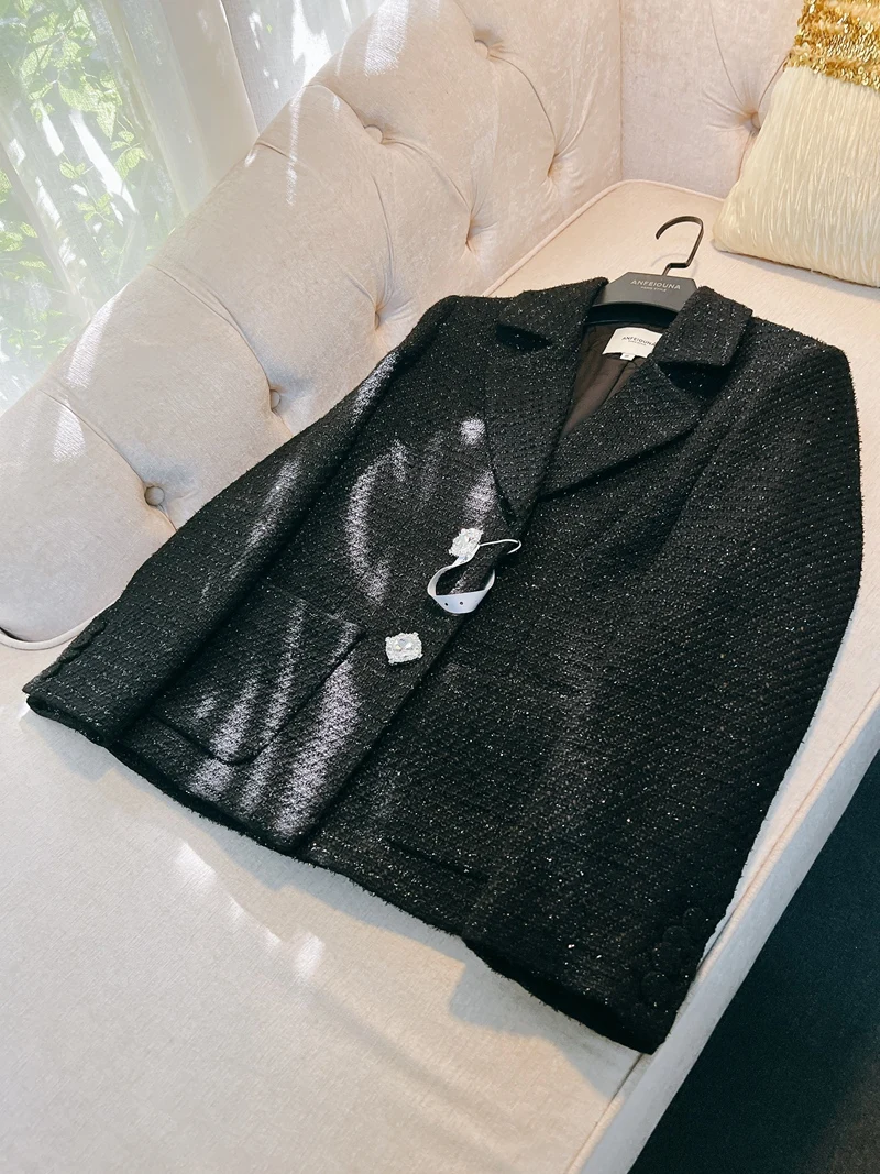 

Retro Briti Sle Bright Tead Thi Tweed Bla Diamond Button High End Luxury Women's Suit Jaet Street Sle Polyester