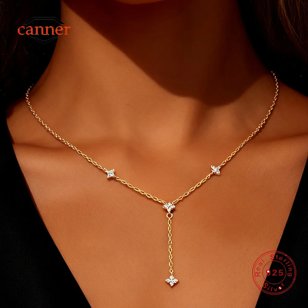 

CANNER 925 Sterling Silver Flower Geometry Zircon Y-shaped Collarbone Necklace For Women Ins Simple Versatile Necklace Jewelry