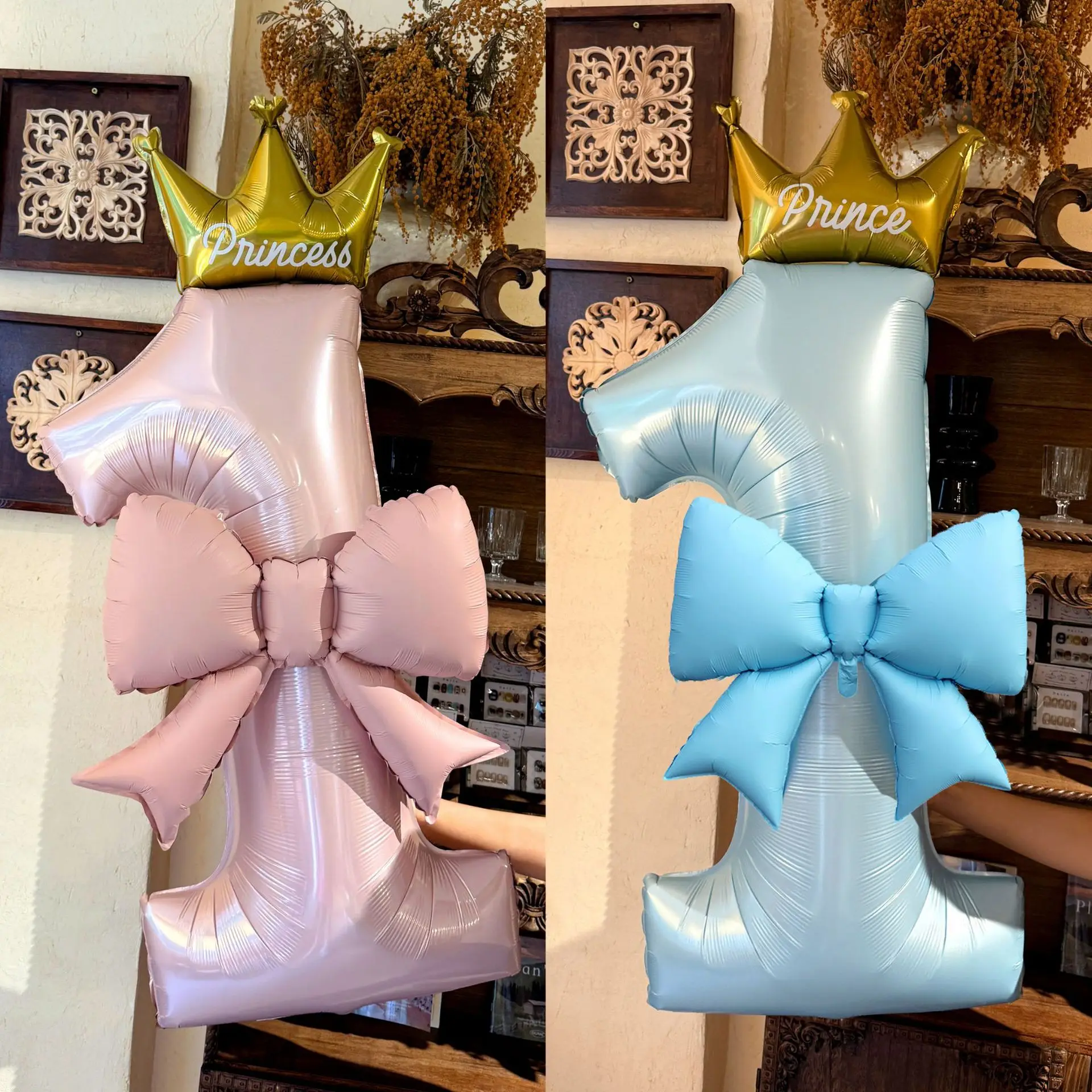 

40 inch pink and blue crown large-numbered bow-shaped aluminum film balloons, for 1-year-old birthday scene party decoration