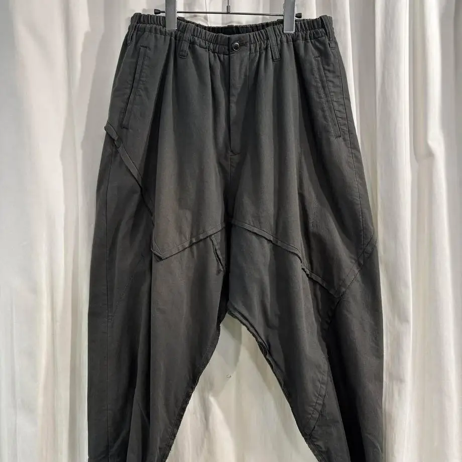 TOP-YAMAMOTO ® Retro-style Patchwork Design Carrot Pants for Men, Loose Fit with Drawstrings, Casual Long Pants, Black