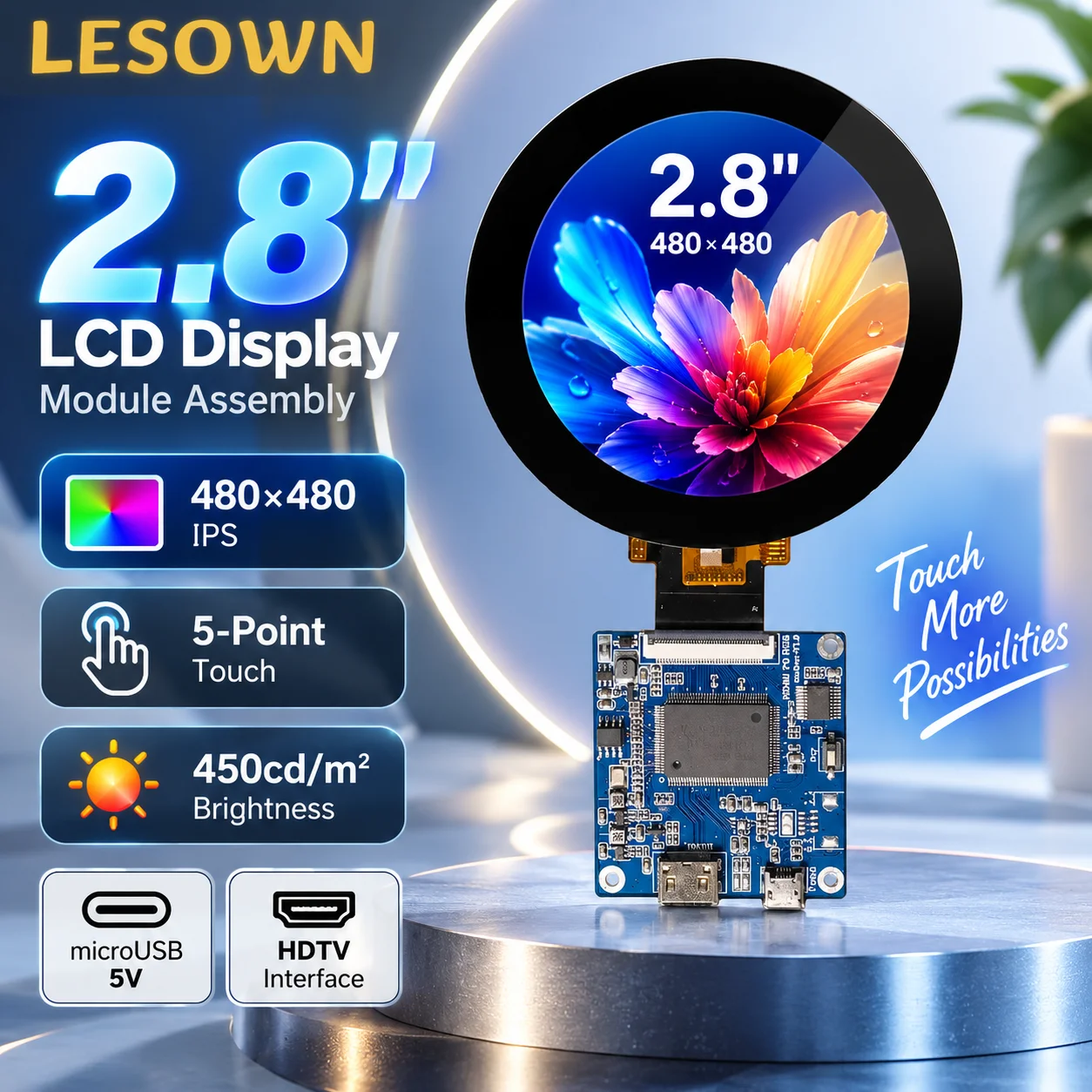 LESOWN 2.8 Inch 480x480 Touch Screen LCD Module HDTV USB Mini Display for PC Case Sensor Panel DIY Dashboard