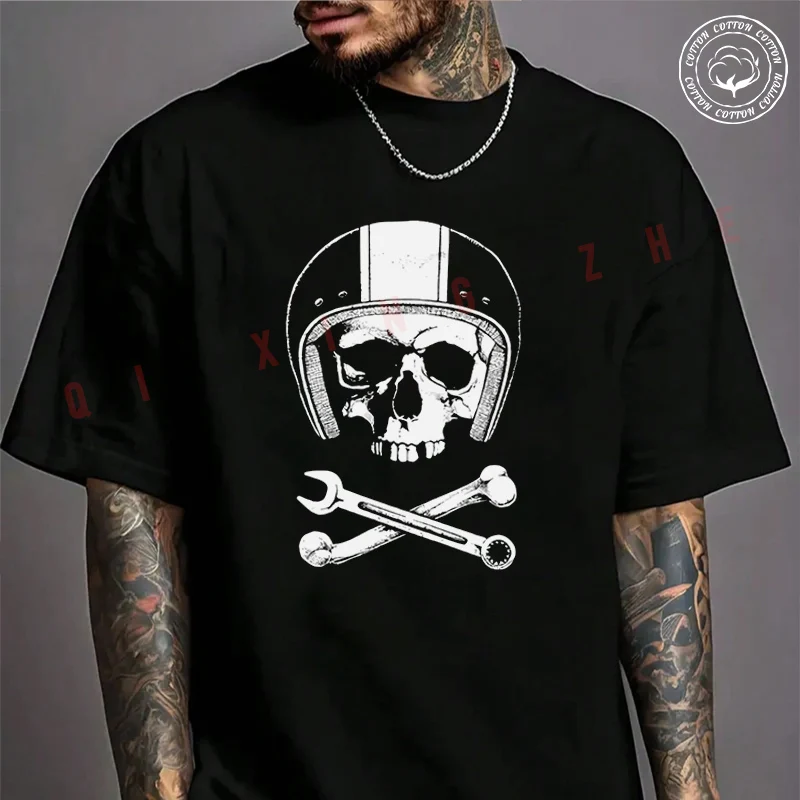 

Moto Men's T-shirt Skull With Helmet Motocross Cotton T Shirt Short Sleeve Exquisite Design Essential Top Tees