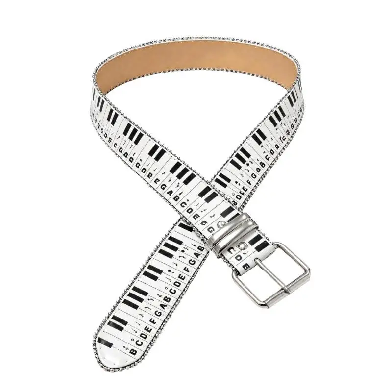 31BB Musical Keyboard Print Belt with Pin Closure and Keeper Loop for Pairing with Jeans, Cargo Pants, and Skirt Outfits