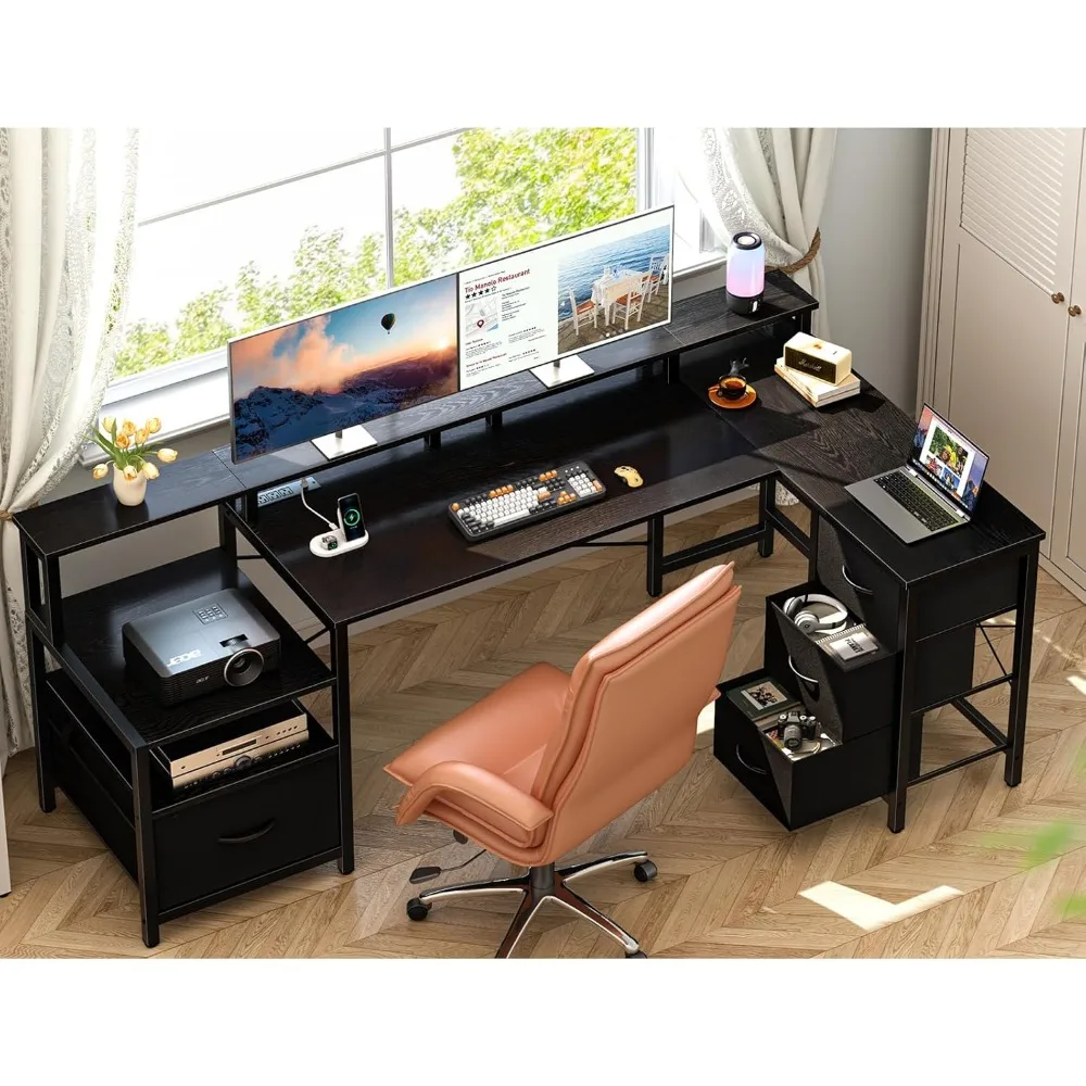 LShaped Desk with Drawers, Gaming Desk with LED Lights& Outlets,Reversible Computer Desk with Storage File Cabinet&Printer Stand