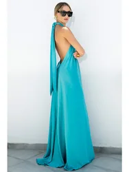 Summer Satin Sexy Women Long Dress Fashion Blue Elegant Vestido Halter Sleeveless Party Evening Dress