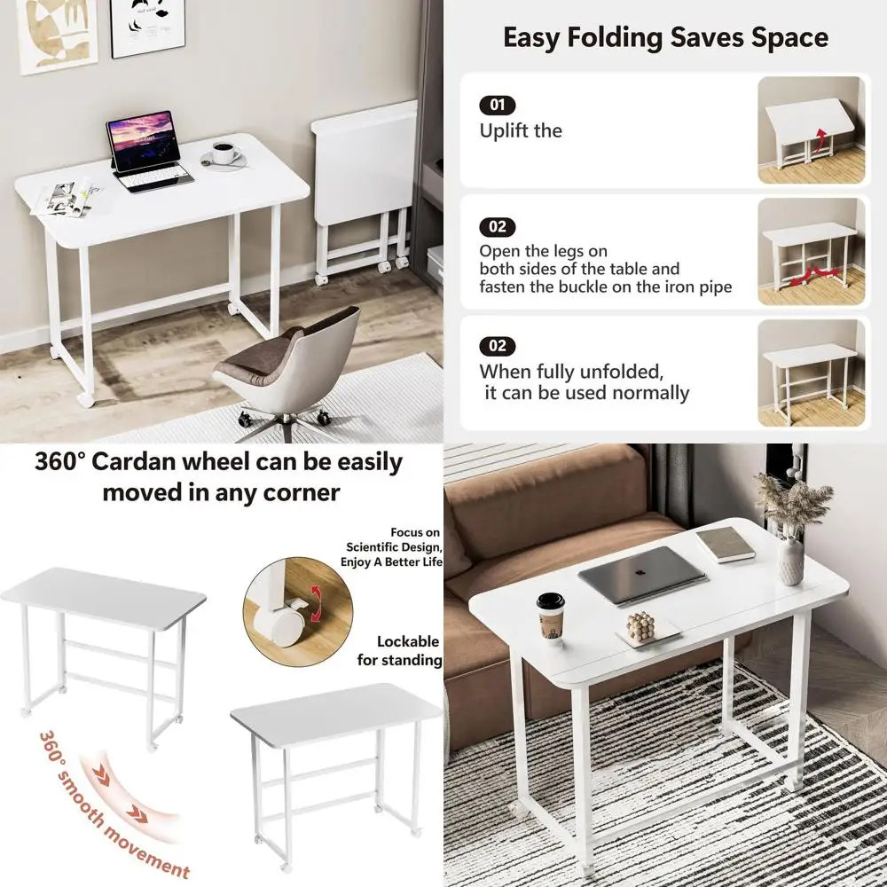 

Compact Foldable Desk for Small Spaces: White Space-Saving Computer Table and Writing Workstation for Home Office
