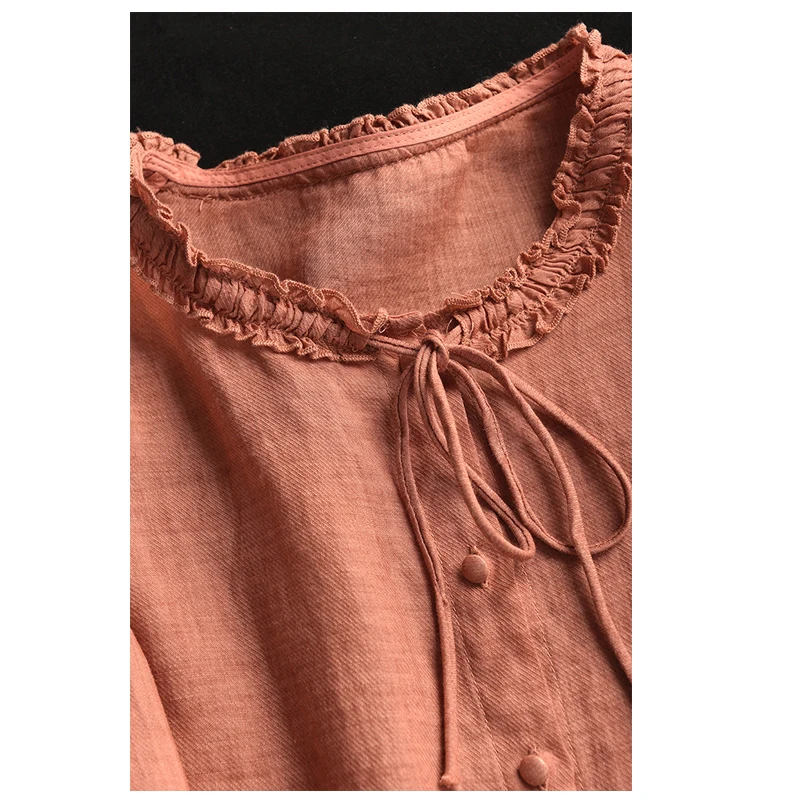 100% Natural Pure Linen Women's Shirt, Light Blue Black Ear Collar Lace-up Top, Elegant Women's Business Casual Spring Summer