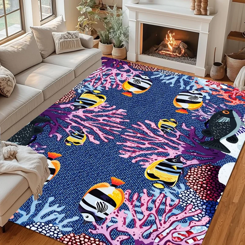 Coastal Ocean Starfish and Seashell Area Rug Blue Gradient Nautical Print Carpet Non-Slip Indoor Floor Mat for Living Room