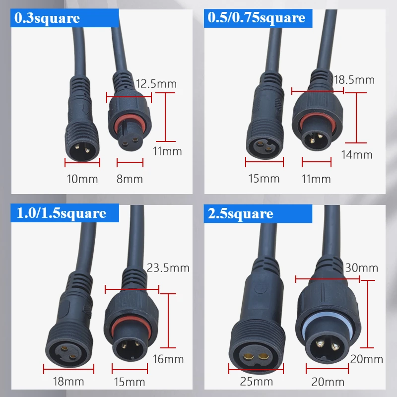 LED outdoor waterproof IP68 high power 2Pin Male to Female extension cord length 0.5/1/2/3/5/10m 0.3/0.5/0.75/1.0/1.5/2.5square