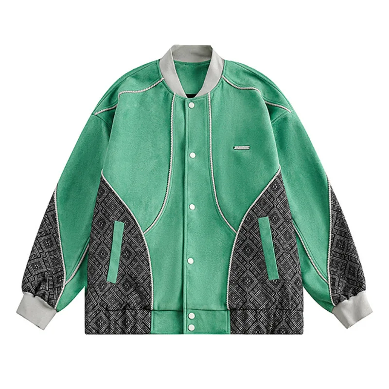 

2023 Streetwear Loose Suede Bomber Jacket Retro Patchwork Baseball Jacket Men Varsity Jacket Coat Unisex Harajuku Short Jacket