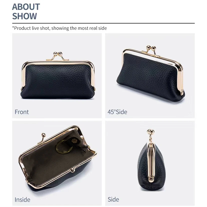 여성을위한 키 체인 동전 지갑 Kiss Lock 정품 가죽 캐주얼 보관 가방과 RFID 간단한 신용 카드 홀더