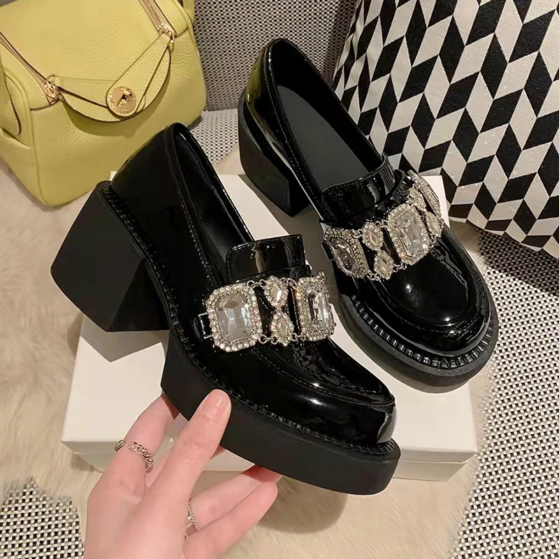 Thick-Soled Loafer Shoes British Style Rhinestone Genuine Leather Shoes Women\'s Slip-On Casual Shoes JK Japanese Ankle Boots