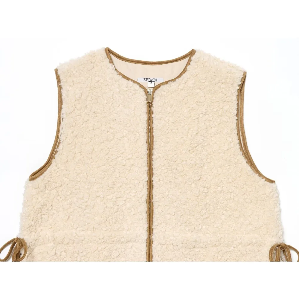 Women Casual Adjustable Waist Fleece Vest Elegant Chic Round Neck and Sleeveless Zippered Vest with Side Lace-up Autumn Vest Top