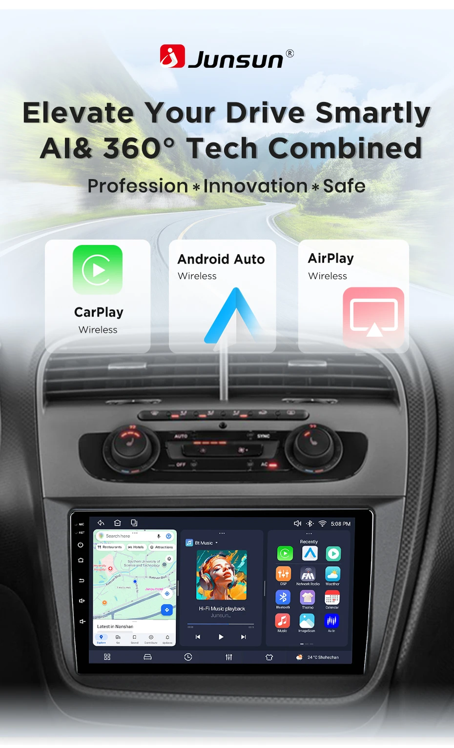 Junsun Android 15 Auto-Intelligentes System für Seat Altea XL Toledo 5P 3 2004-2015, kabelloses CarPlay für Apple Auto, 9" – Detail 4