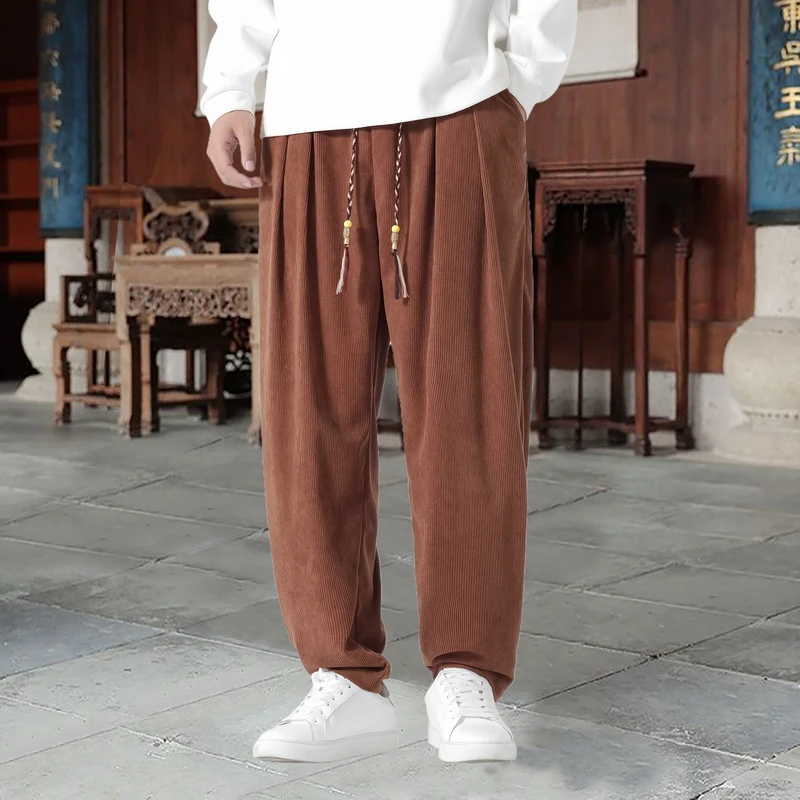 

Men Chinese Style Corduroy Pants Elastic Waist Vintage Harem Trousers Loose Kung Fu Tai Chi Zen Lantern Pants With Drawstring