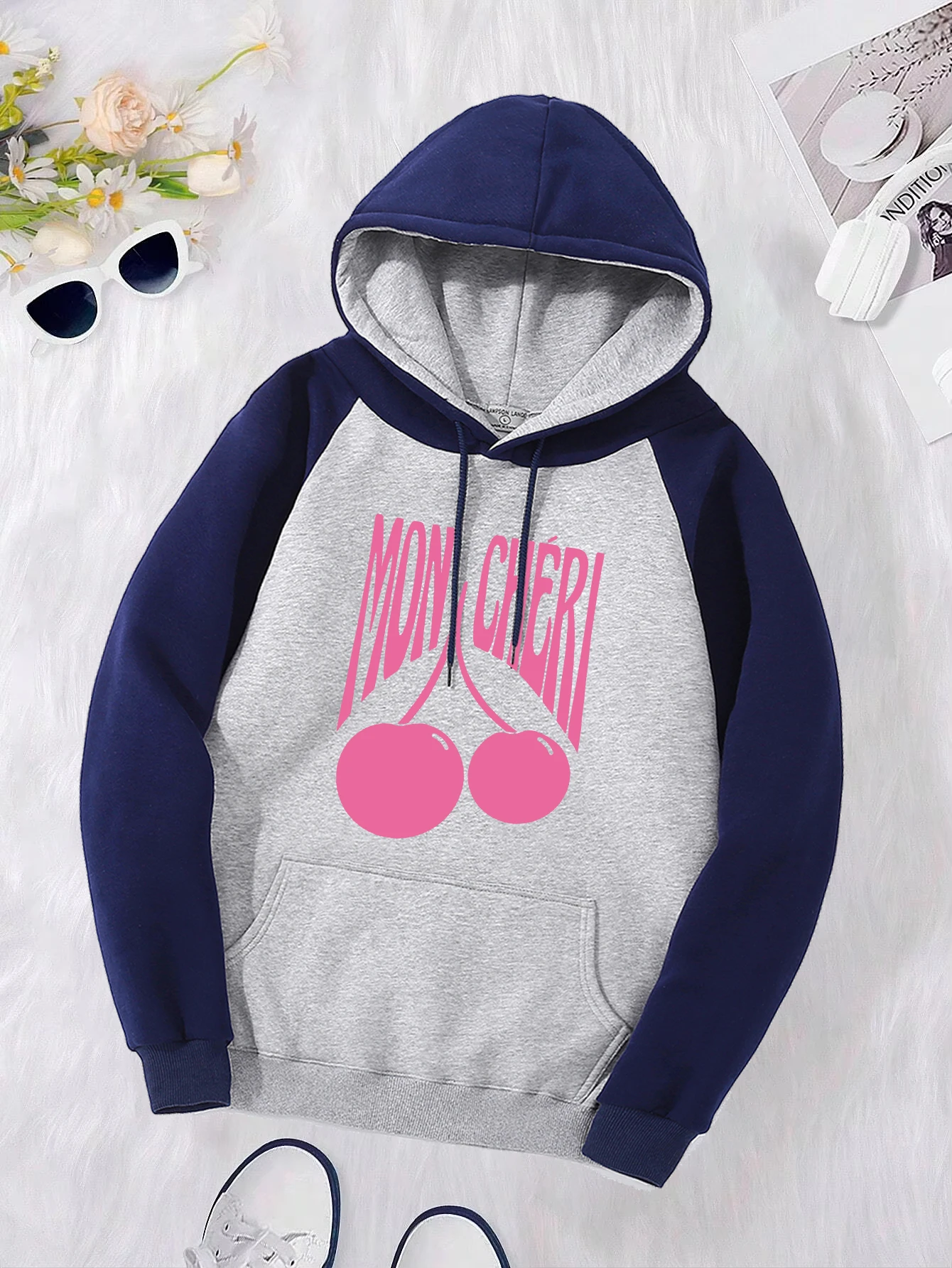 Pink Cherry Creative Printed Raglan Hoodies Women Fleece All-Match Pullover Pocket Y2K Hoodie Casual Multicolor Female Hoody