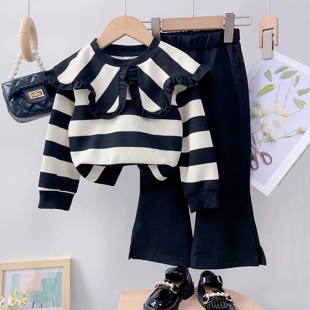 Girls' Long Sleeve Set Autumn/Winter New Style Girls' Big Collar Folded Striped Top+Bellbottom Pants Two Piece Girls' Set