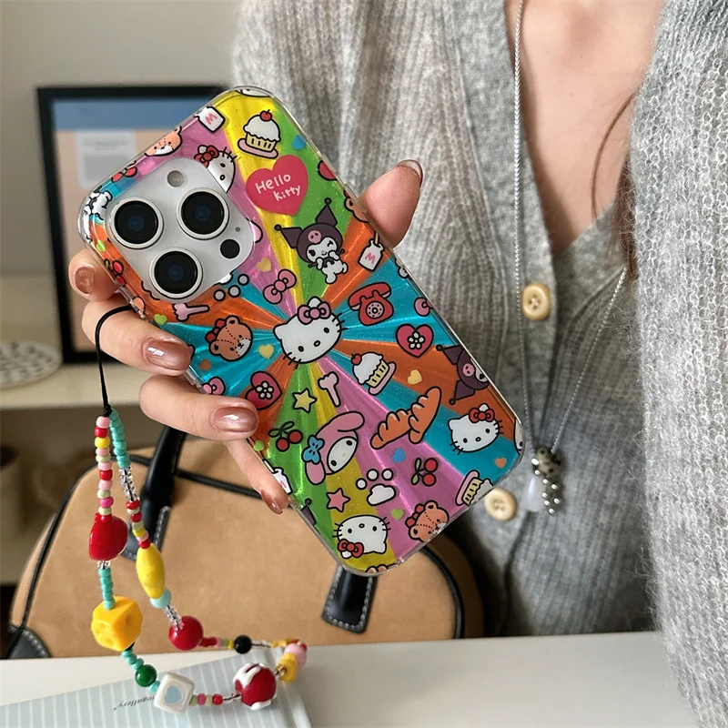 

Fashion Red Plaid Pattern Phone Case For iPhone 17 16 Pro 14 15 Pro Max Cover with Hellokitty Stand Cute Cartoon Cases