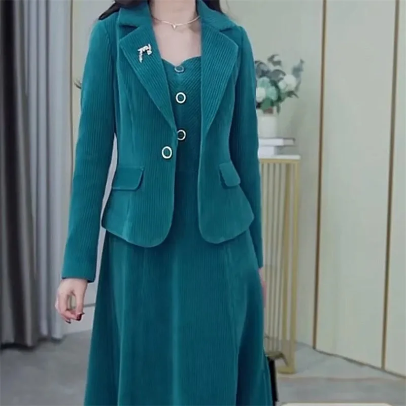 2024 New Spring Autumn Dress Women Sets Korean Slim Temperament Blazer Coat Jacket + Strap Sling Dress 2PCS Office Female Suits