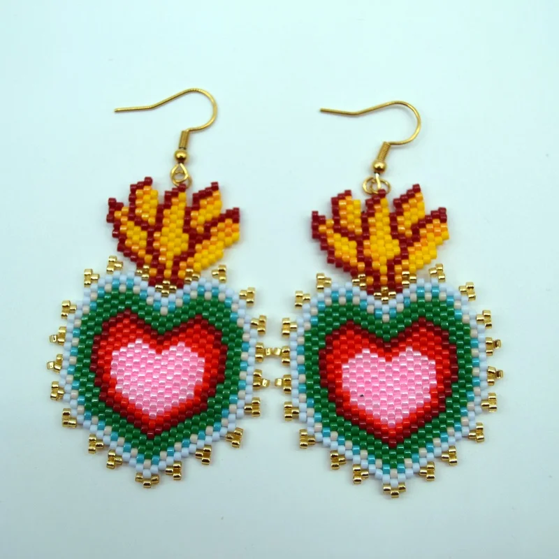 البوهيمي نمط اليد محبوك القلب تصميم الأرز الخرزة أقراط المرأة المألوف بسيط مطرز مجوهرات تنوعا الإكسسوارات