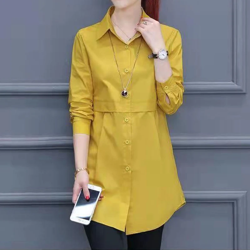 Women Korean Fashion Solid Slim Elegant Button Shirts Lapel Long Sleeve Blouse Casual Streetwear Tunic Tops Spring Autumn Blusas