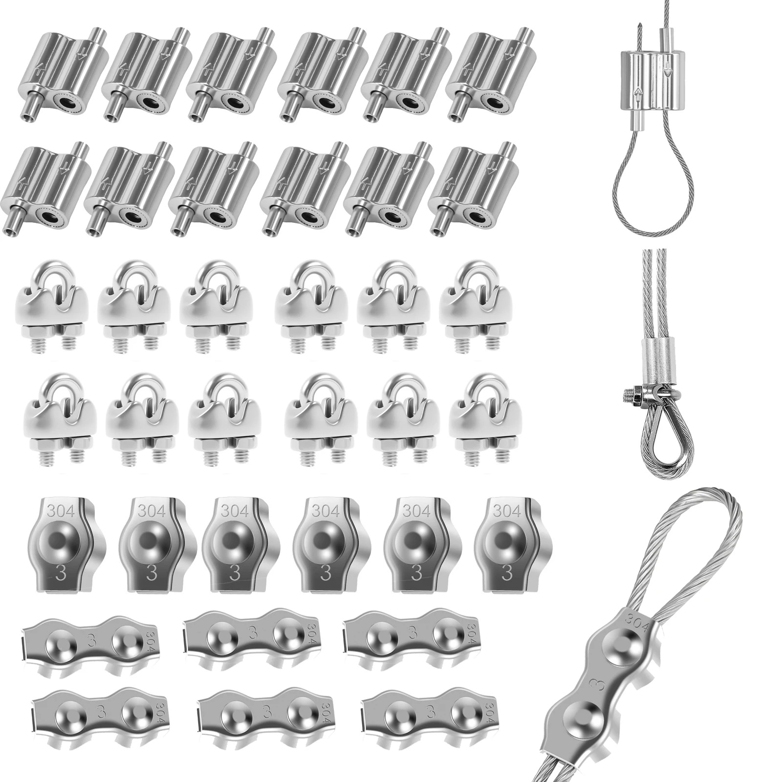 60/10PCS M2 M3  Stainless Steel Wire Rope Cable Clamp Adjustable Wire Rope Clip For 1/16 Inch 1/8 Inch Diameter Wire Cable