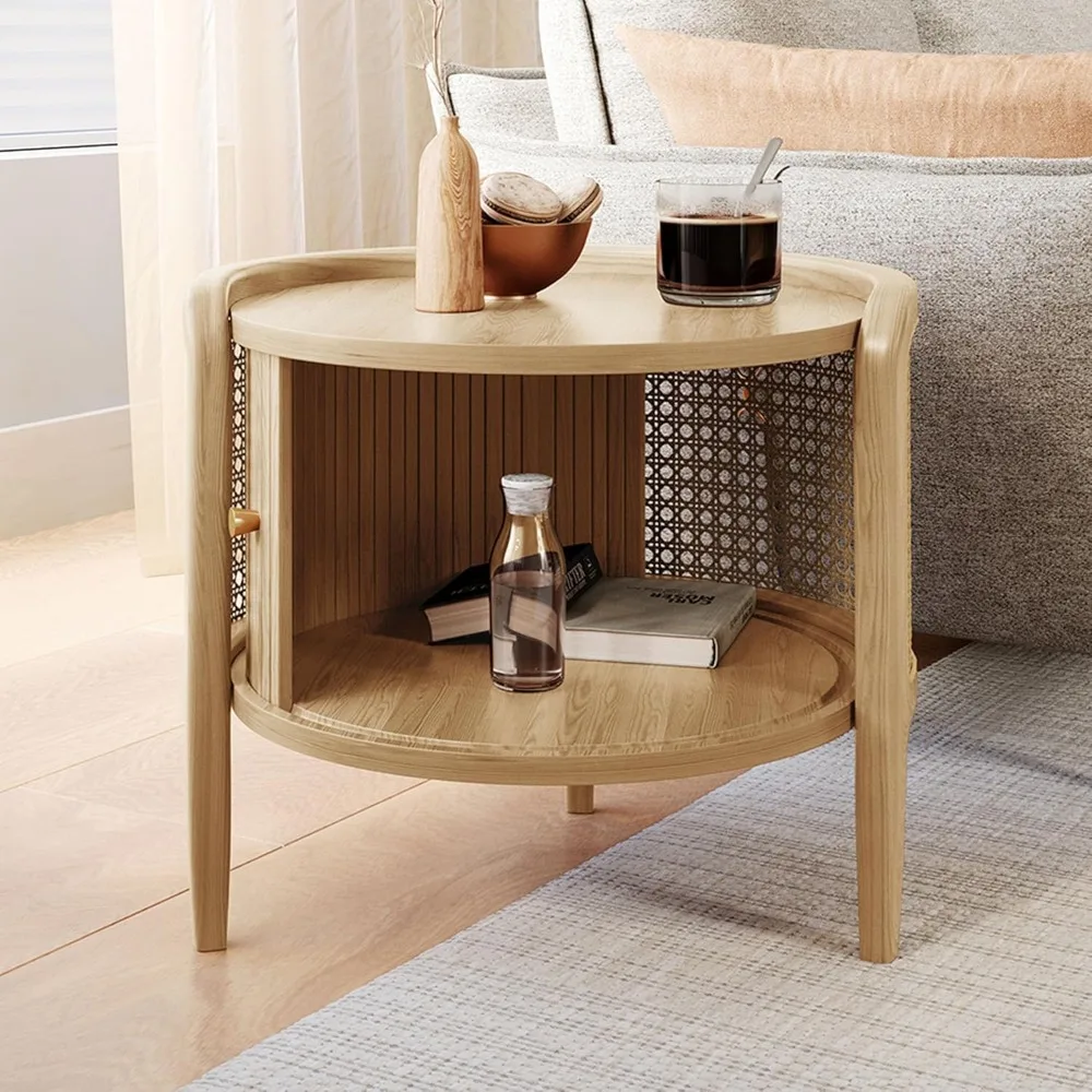 Massivholz-Beistelltisch mit Rolltür und geflochtenem Rattan, 19,69 Zoll runder Couchtisch mit Stauraum, Beistelltisch für die Wohnung zu Hause