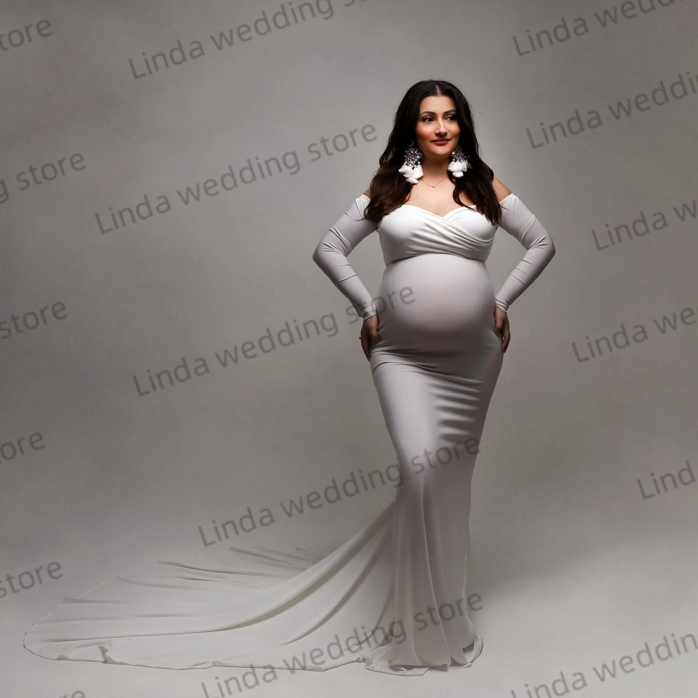 White Mermaid Maternity Dresses Simple Sweetheart  Long Sleeves Vestidos For Baby Shower Photoshoot Pros Pregnant Woman Gowns image 4