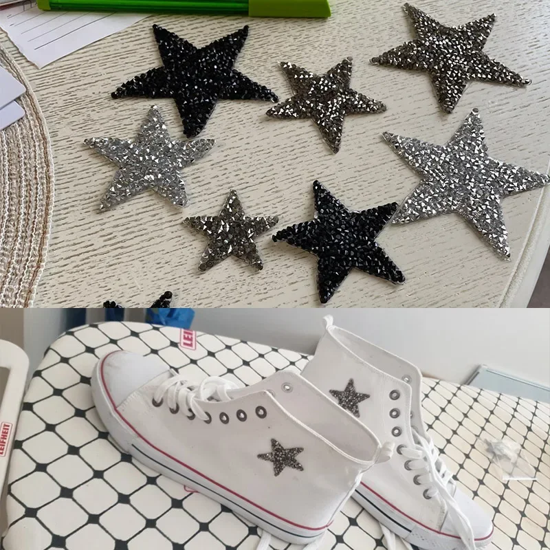 5 sztuk żelazko na łacie 4/6/8cm gwiazda Rhinestone haftowane naszywki na odzież termoprzylepne naklejki na ubrania aplikacje paski