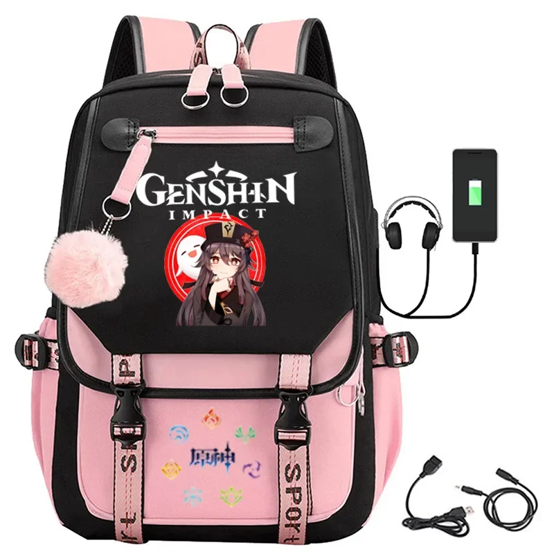 Genshin impact travel backpack cosplay anime Oxford waterproof large capacity laptop backpack Boys Girls black pink schoolbag