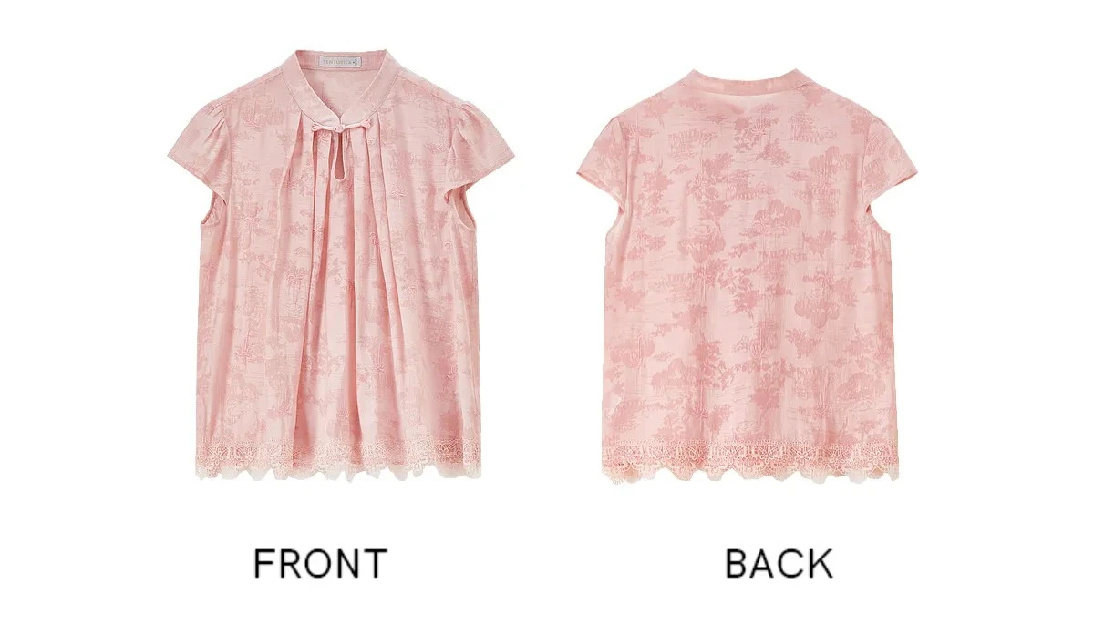 SENTUBILA Elegante Bestickte Jacquard-Chiffonbluse für Damen, Rosa, mit Gepinntem Plissee-Stehkragen und Spitzensaum, Locker Geschnittenes Hemd 162VF5004 – Detail 31